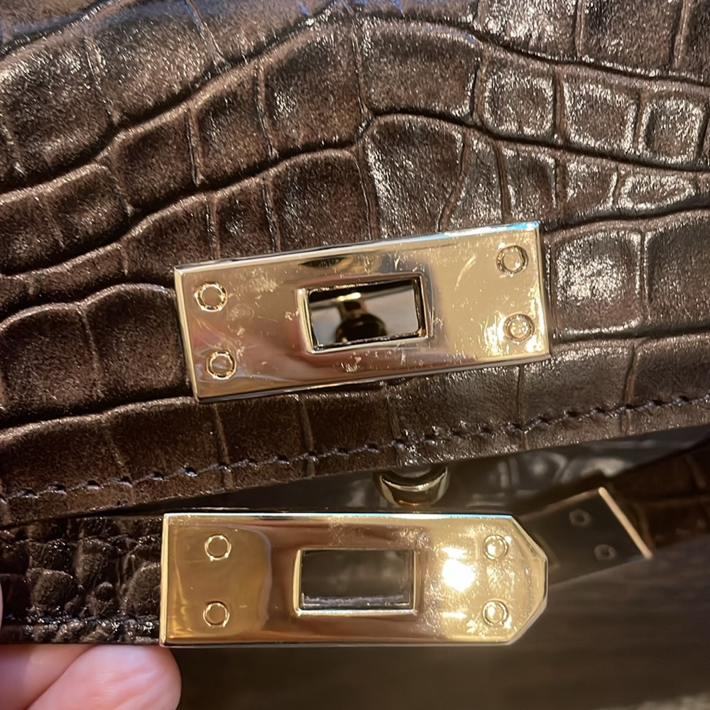 Classic Croc-Embossed Top-Handle Satchel in Dark Brown - Picture 6 of 14